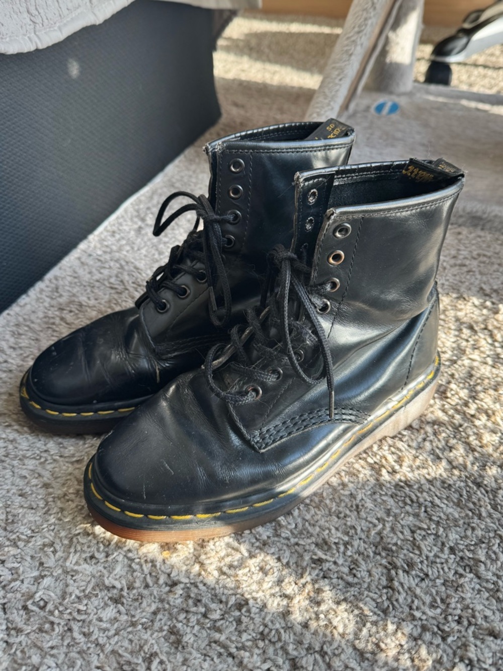 Dr. Martens Black Leather Lace-Up Combat Boots with Yellow Stitching